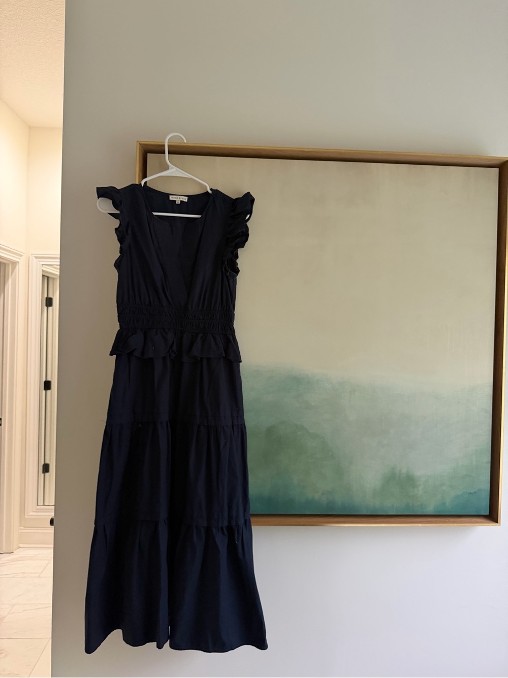 Moon River Navy Ruffle-Sleeve Tiered Maxi Dress